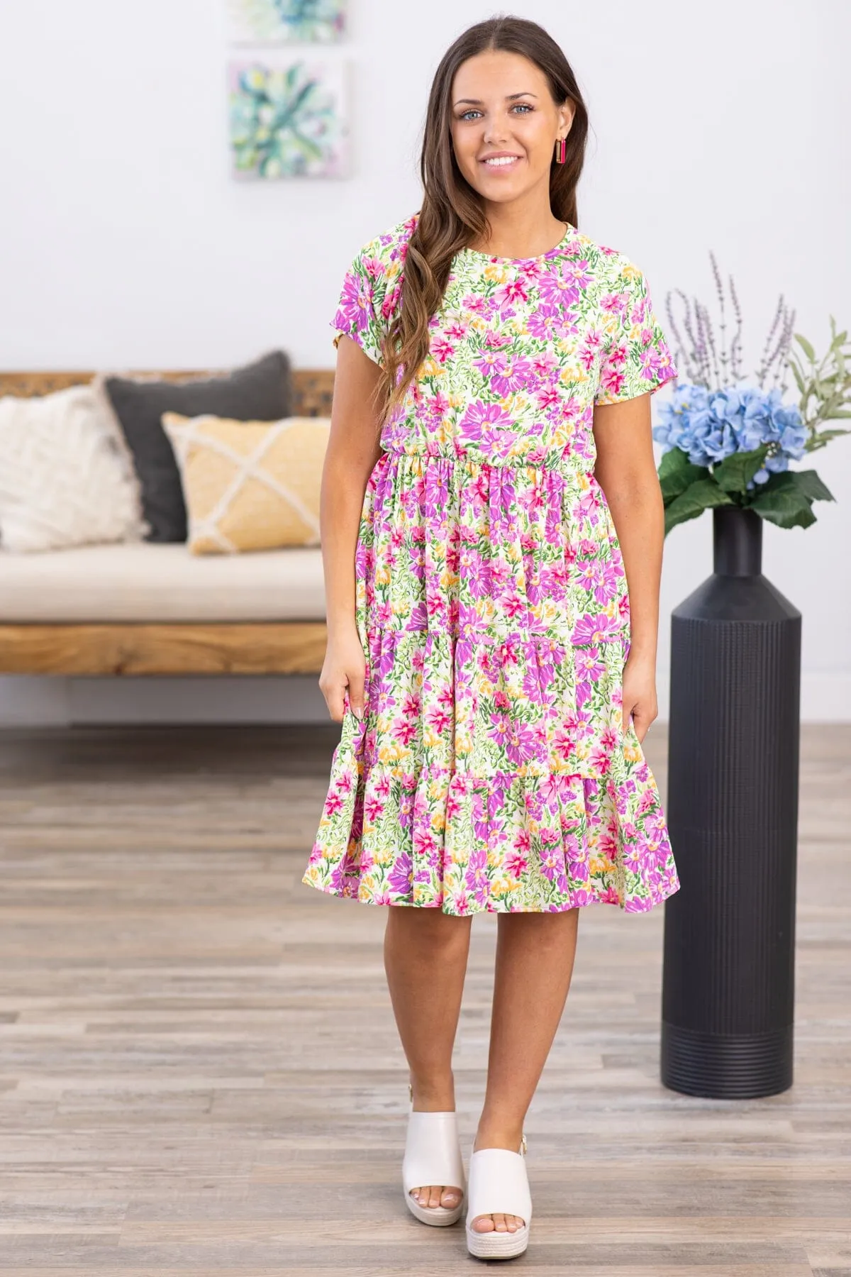 Pink Multicolor Floral Short Sleeve Dress