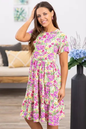 Pink Multicolor Floral Short Sleeve Dress