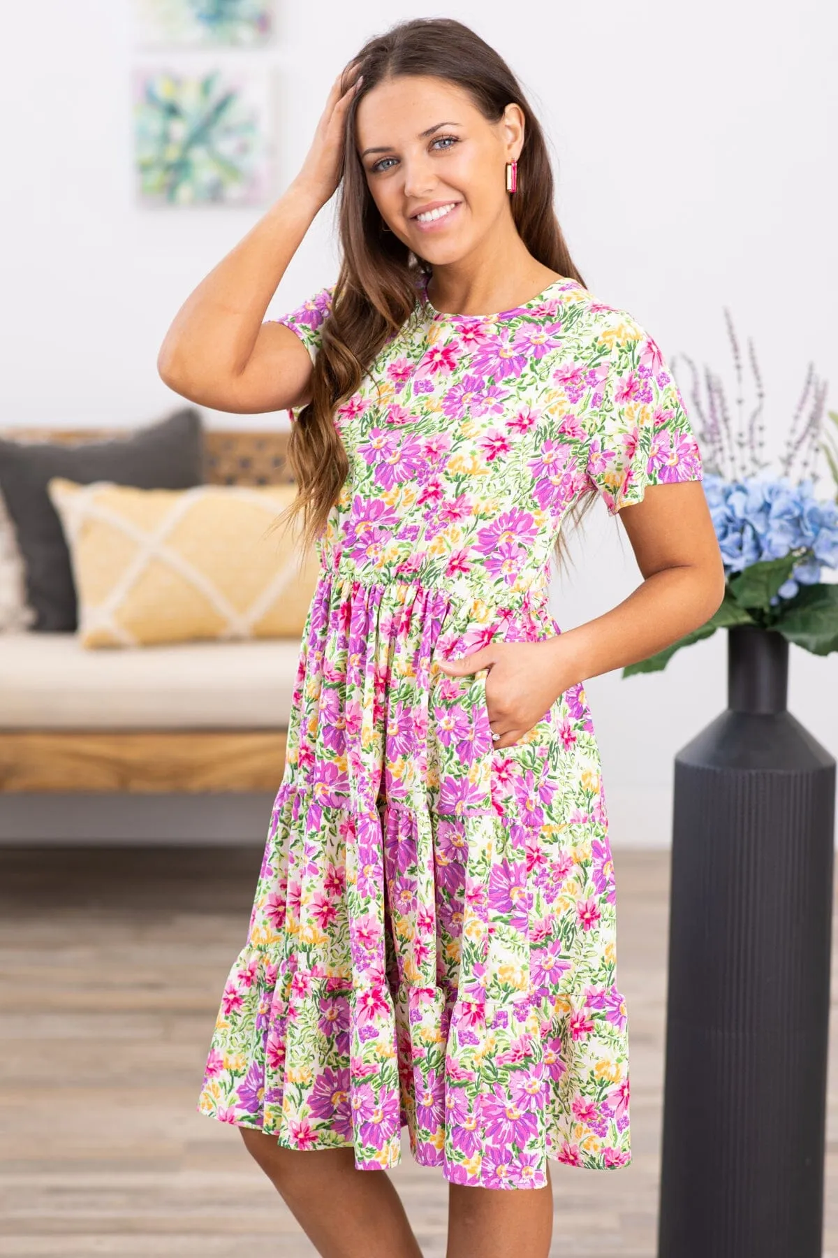 Pink Multicolor Floral Short Sleeve Dress