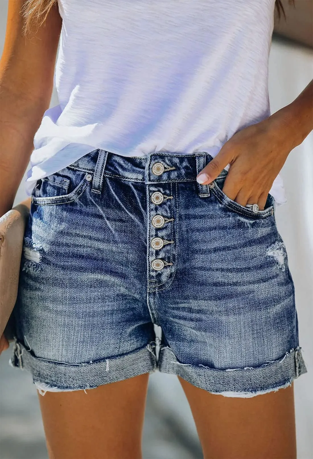 Pink Queen Women's Tummy Control Ripped Denim Summer Jean Shorts Mid-High Rise Folded Hem Jeans Shorts Fray Distressed Casual Cotton Denim Shorts Blue