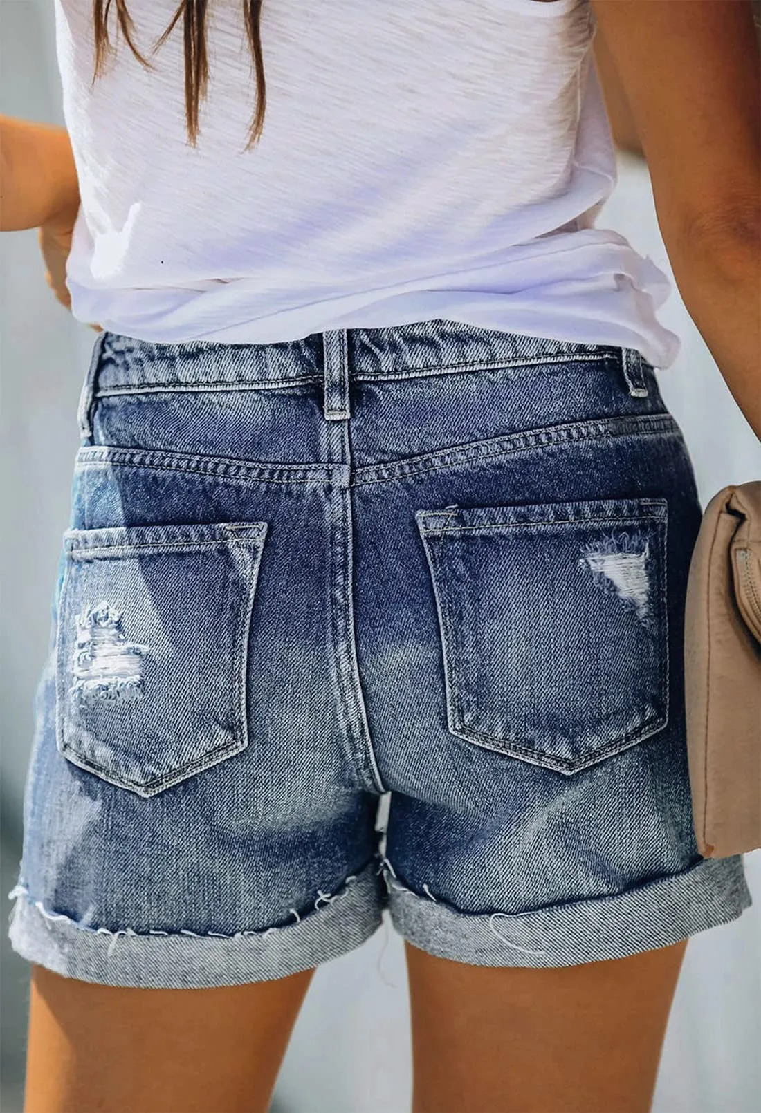 Pink Queen Women's Tummy Control Ripped Denim Summer Jean Shorts Mid-High Rise Folded Hem Jeans Shorts Fray Distressed Casual Cotton Denim Shorts Blue