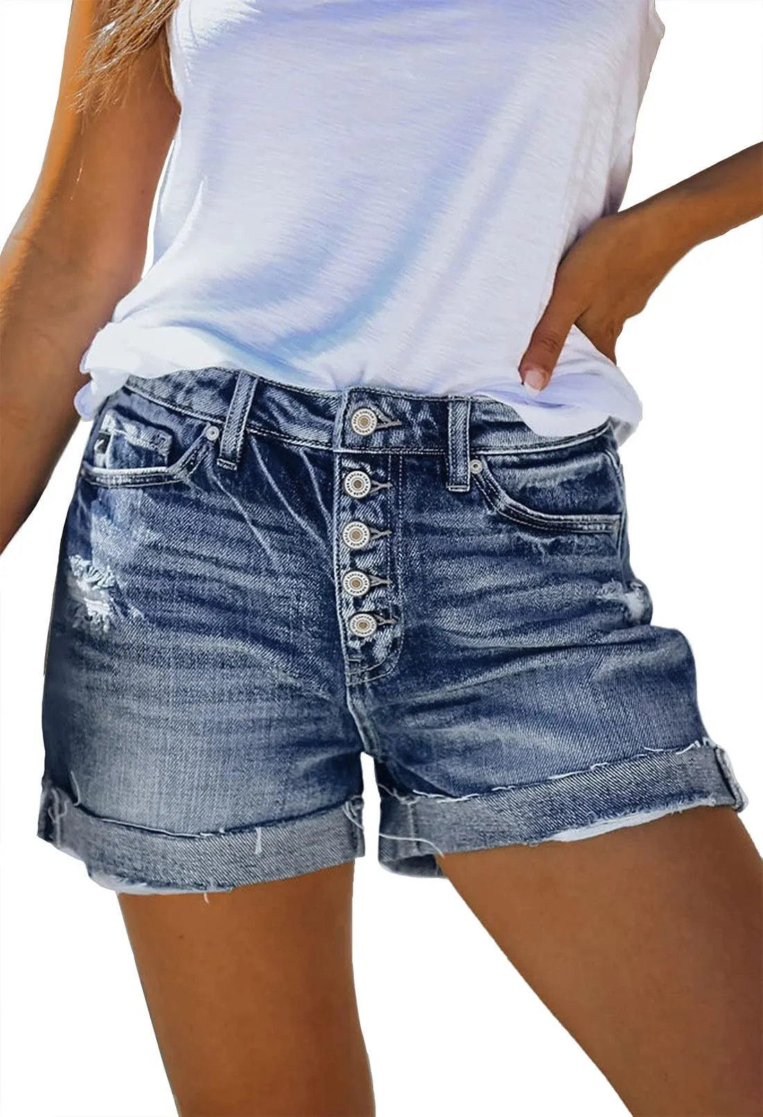 Pink Queen Women's Tummy Control Ripped Denim Summer Jean Shorts Mid-High Rise Folded Hem Jeans Shorts Fray Distressed Casual Cotton Denim Shorts Blue