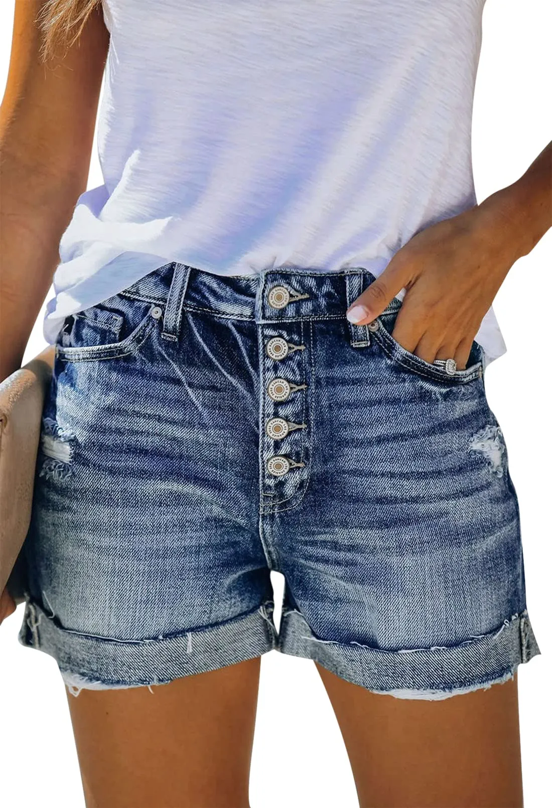 Pink Queen Women's Tummy Control Ripped Denim Summer Jean Shorts Mid-High Rise Folded Hem Jeans Shorts Fray Distressed Casual Cotton Denim Shorts Blue