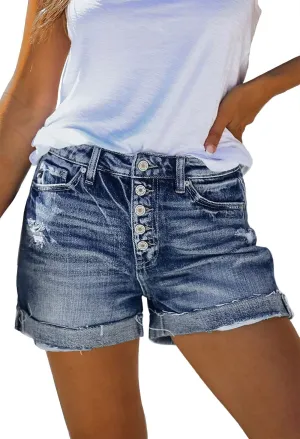Pink Queen Women's Tummy Control Ripped Denim Summer Jean Shorts Mid-High Rise Folded Hem Jeans Shorts Fray Distressed Casual Cotton Denim Shorts Blue