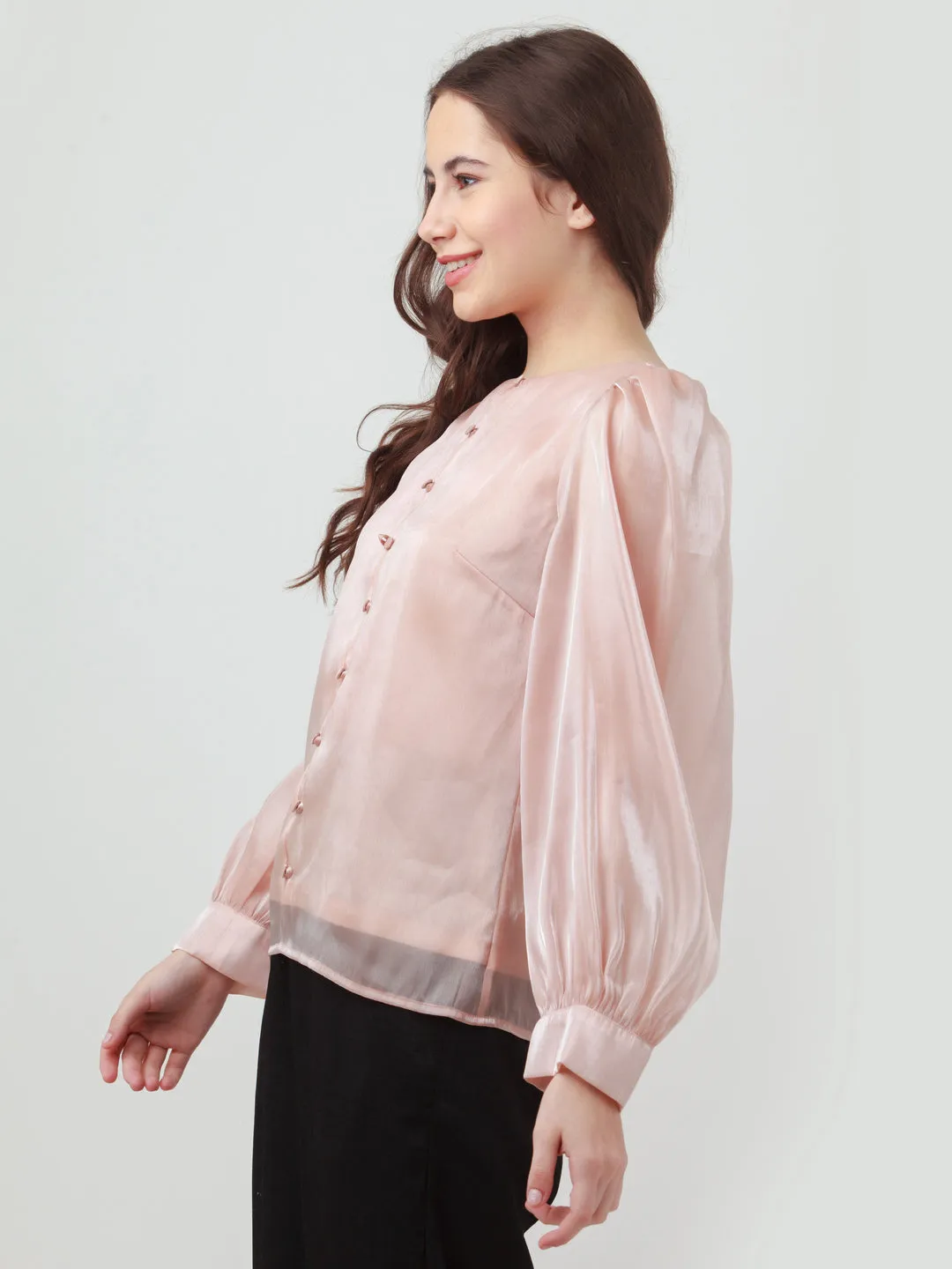 Pink Solid Puff Sleeve Top