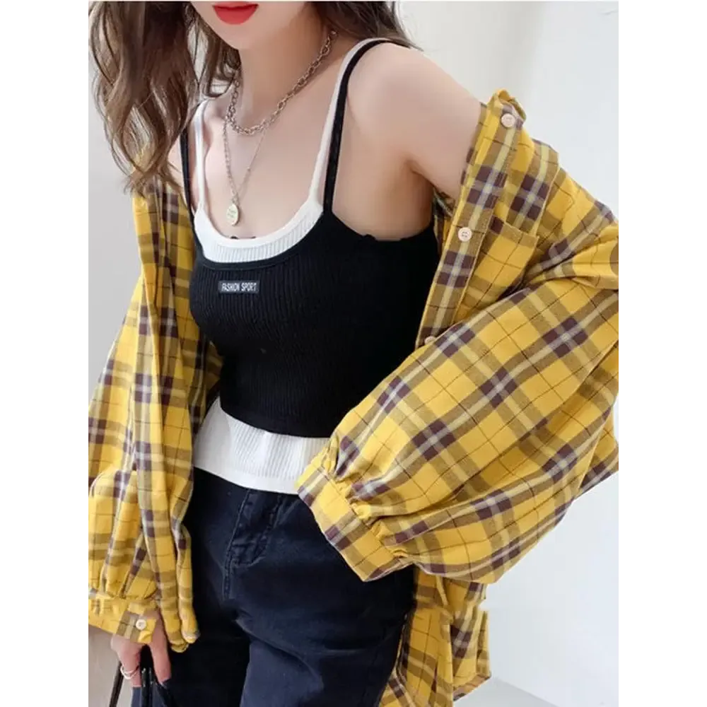 Plaid Print Puff Sleeve Shirt with Classic Collar and Dual Pockets