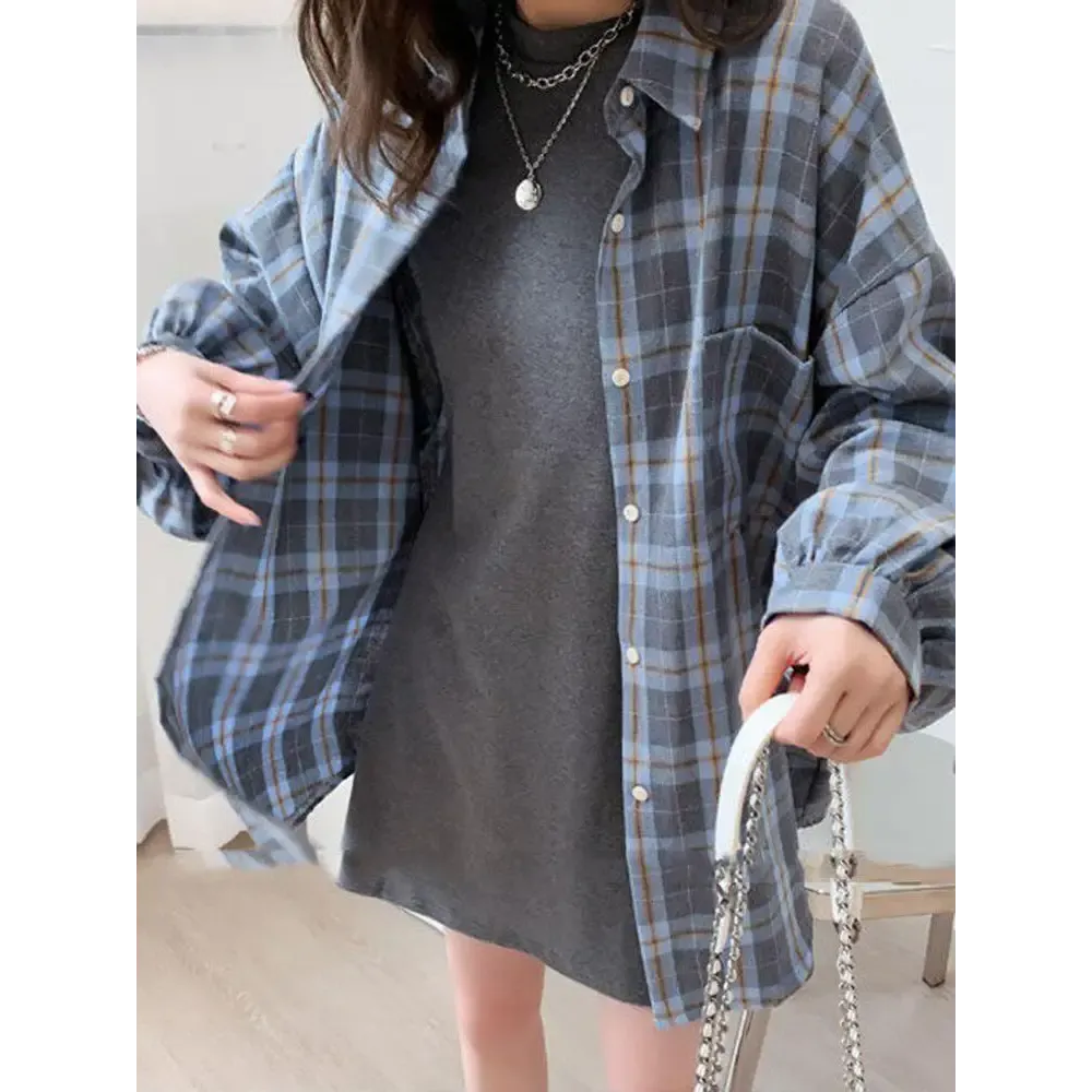 Plaid Print Puff Sleeve Shirt with Classic Collar and Dual Pockets
