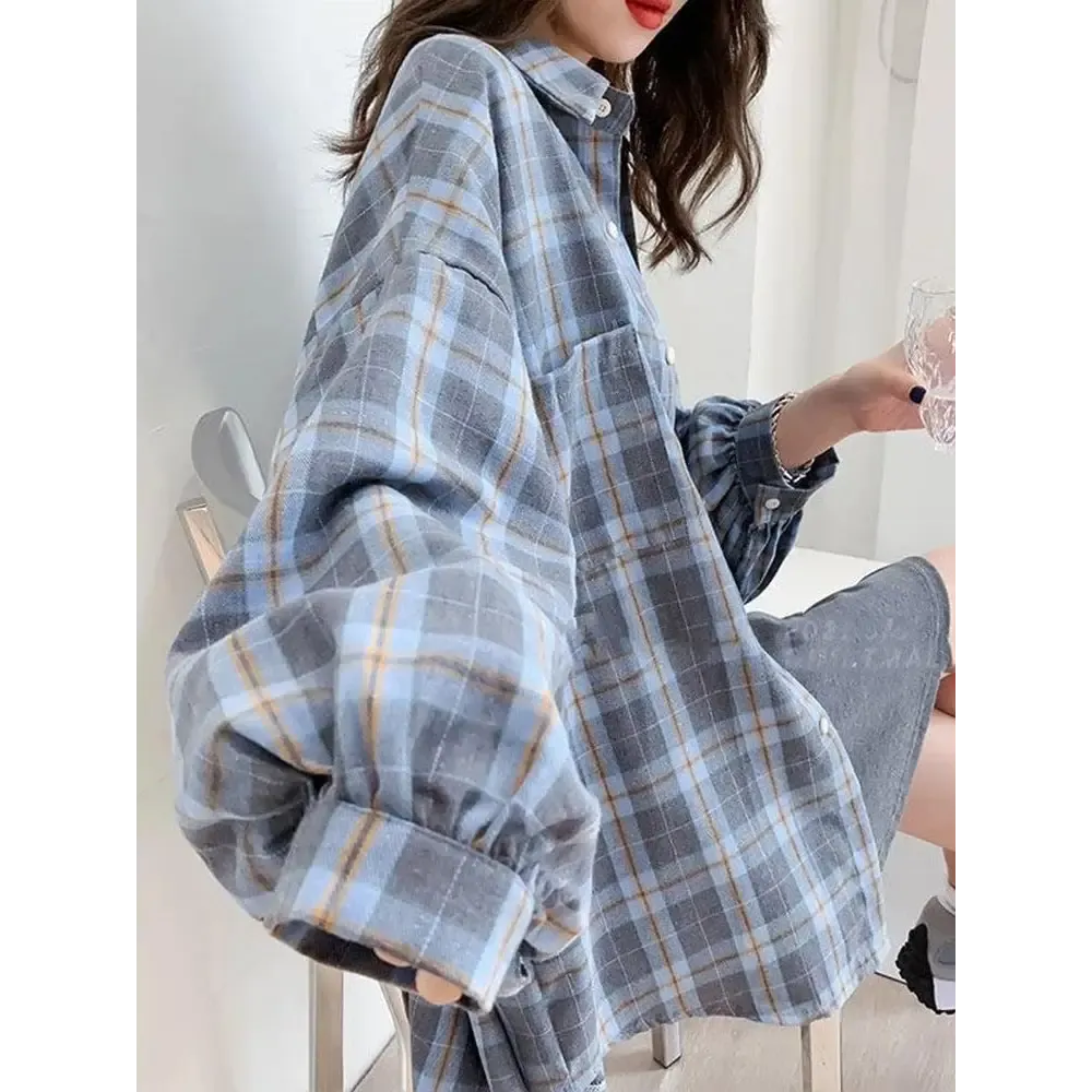 Plaid Print Puff Sleeve Shirt with Classic Collar and Dual Pockets