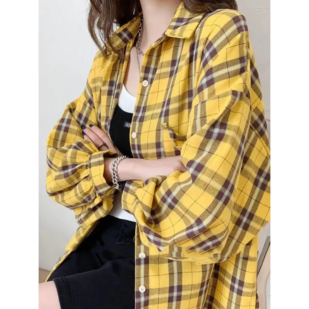 Plaid Print Puff Sleeve Shirt with Classic Collar and Dual Pockets