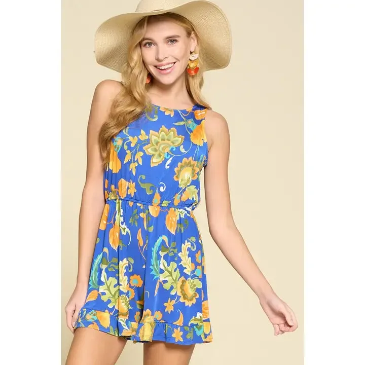 Plus Size Floral Mini Romper-Royal Blue