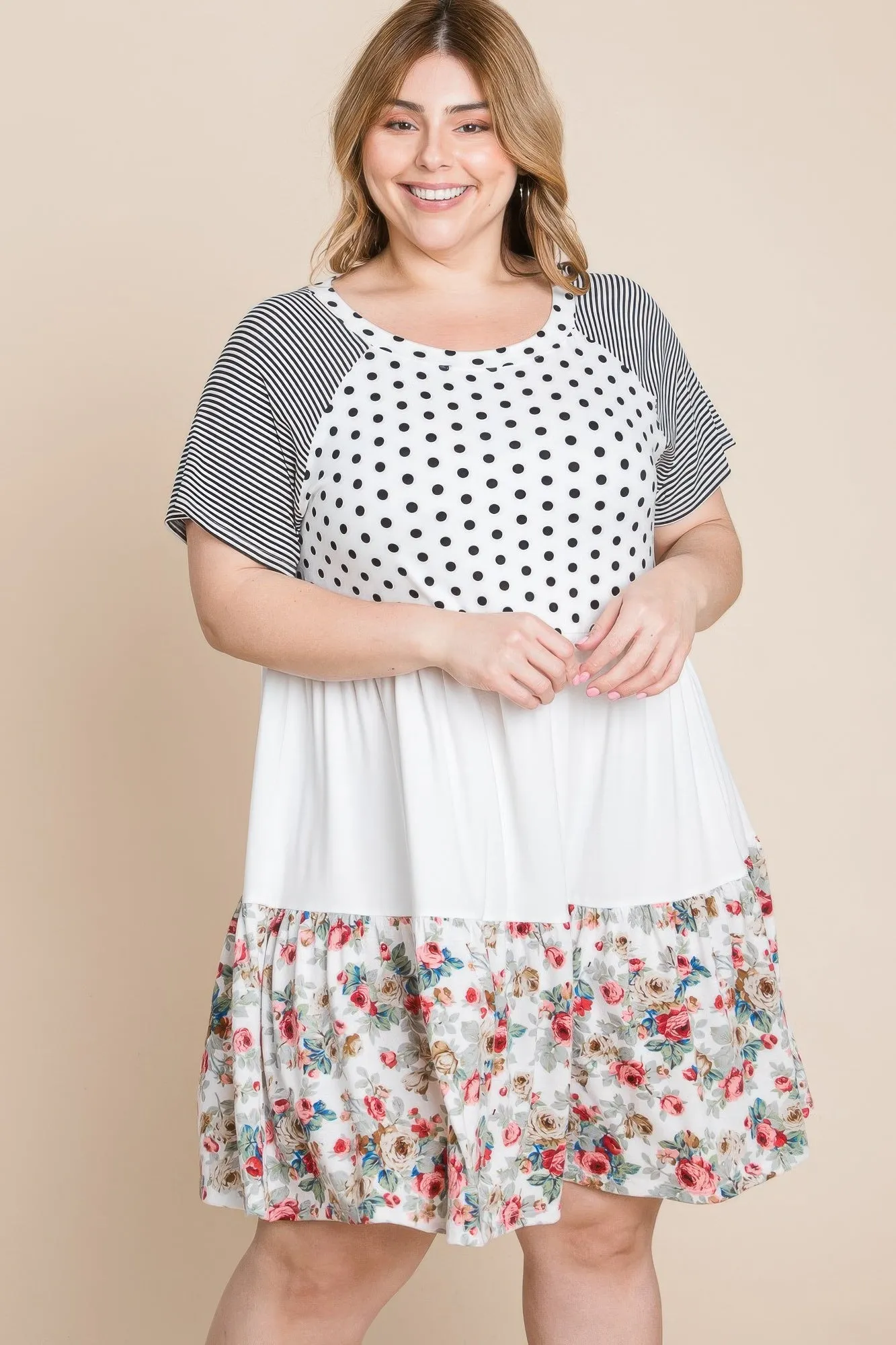 Plus Size Polka Dot Floral Striped Dress