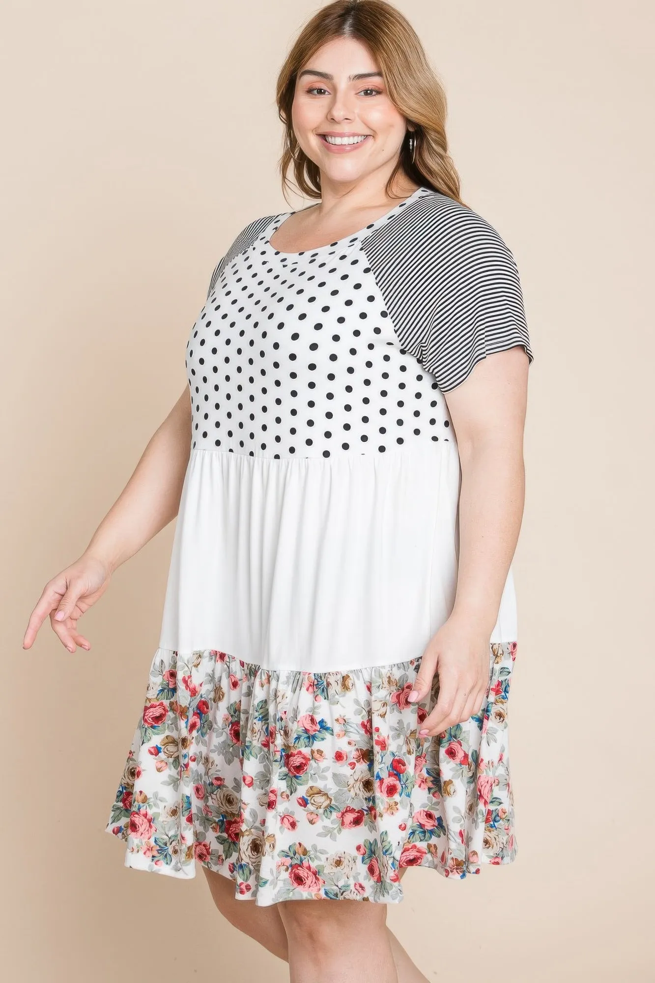 Plus Size Polka Dot Floral Striped Dress