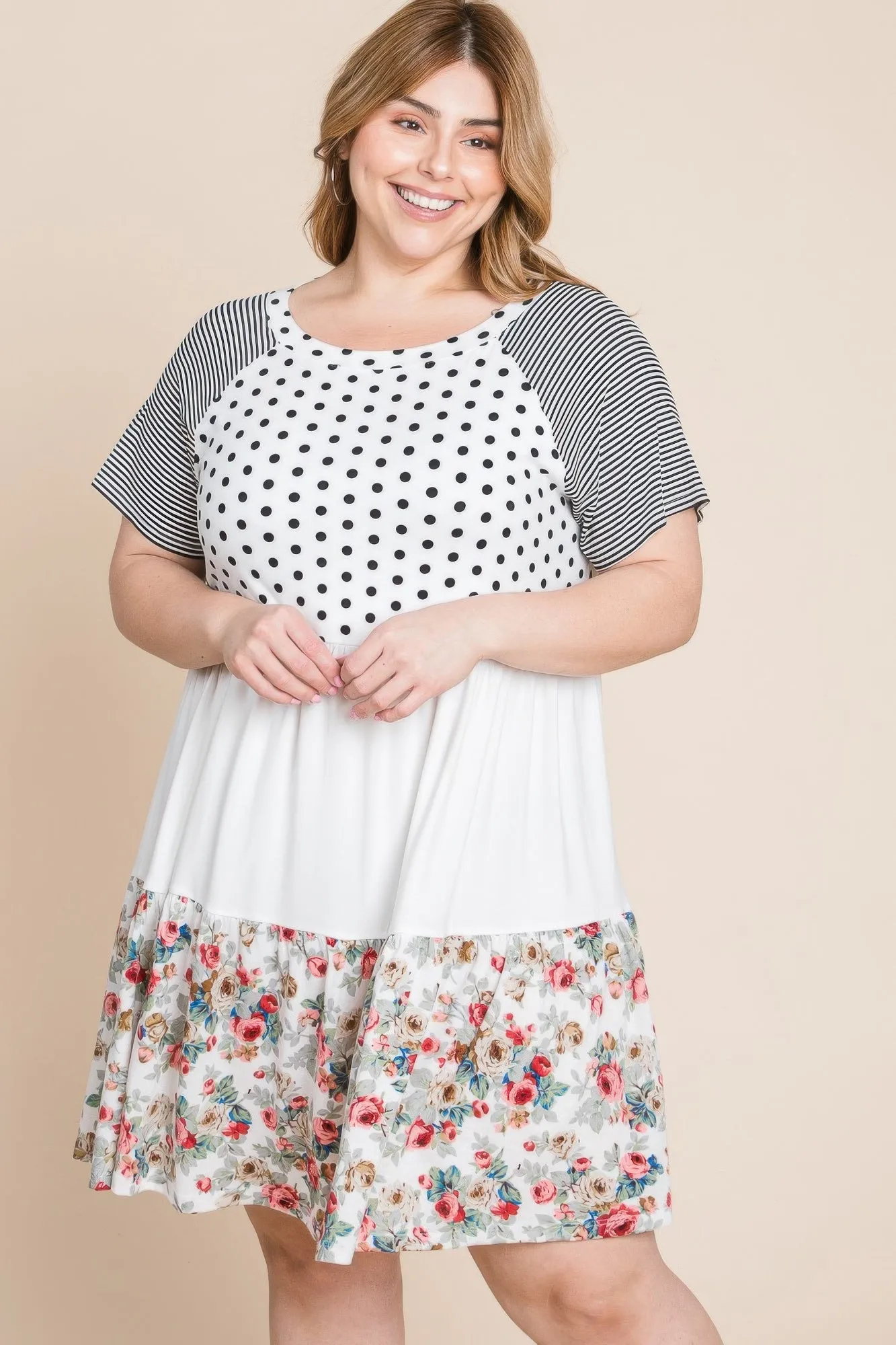 Plus Size Polka Dot Floral Striped Dress