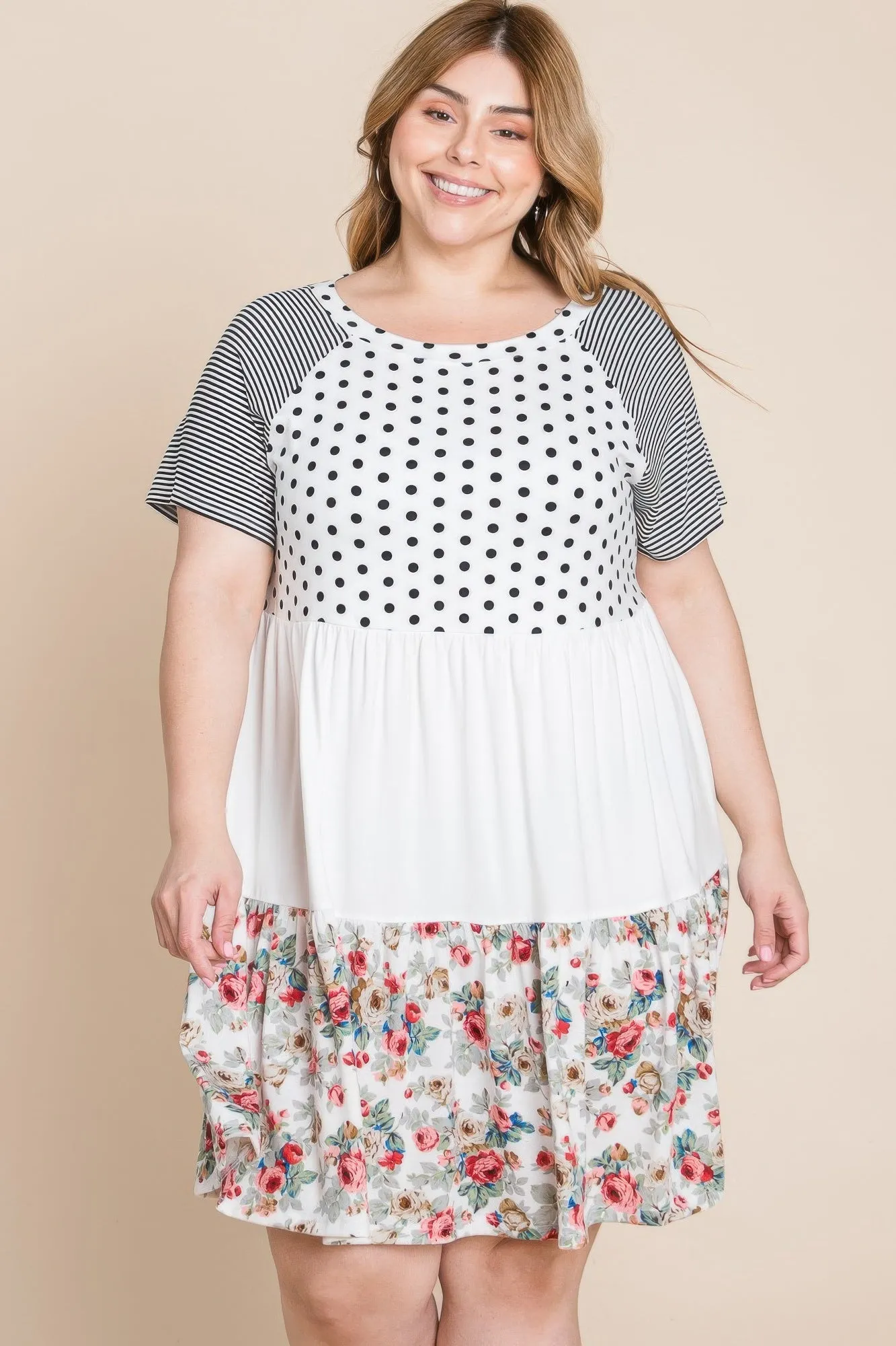 Plus Size Polka Dot Floral Striped Dress