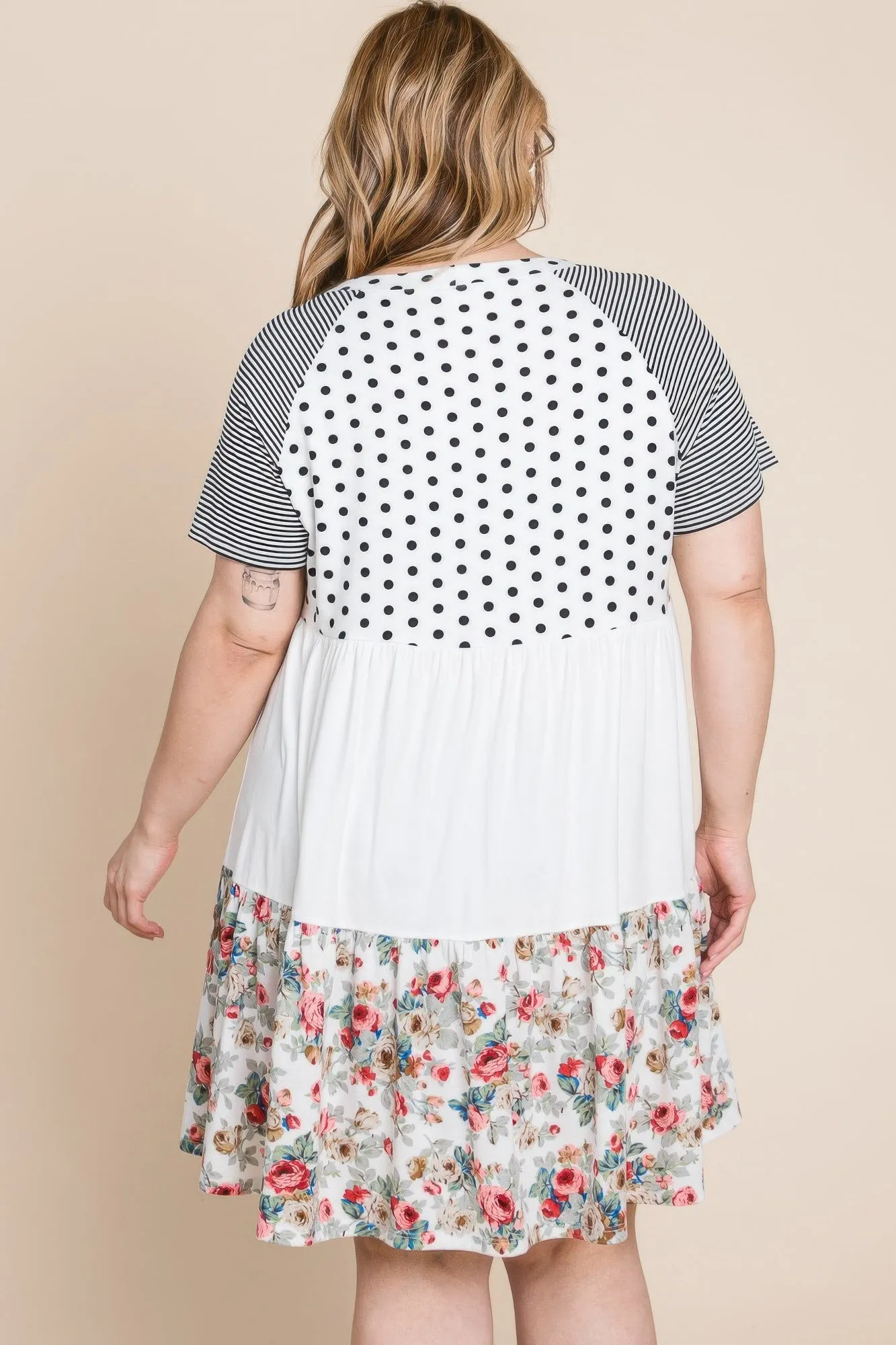 Plus Size Polka Dot Floral Striped Dress