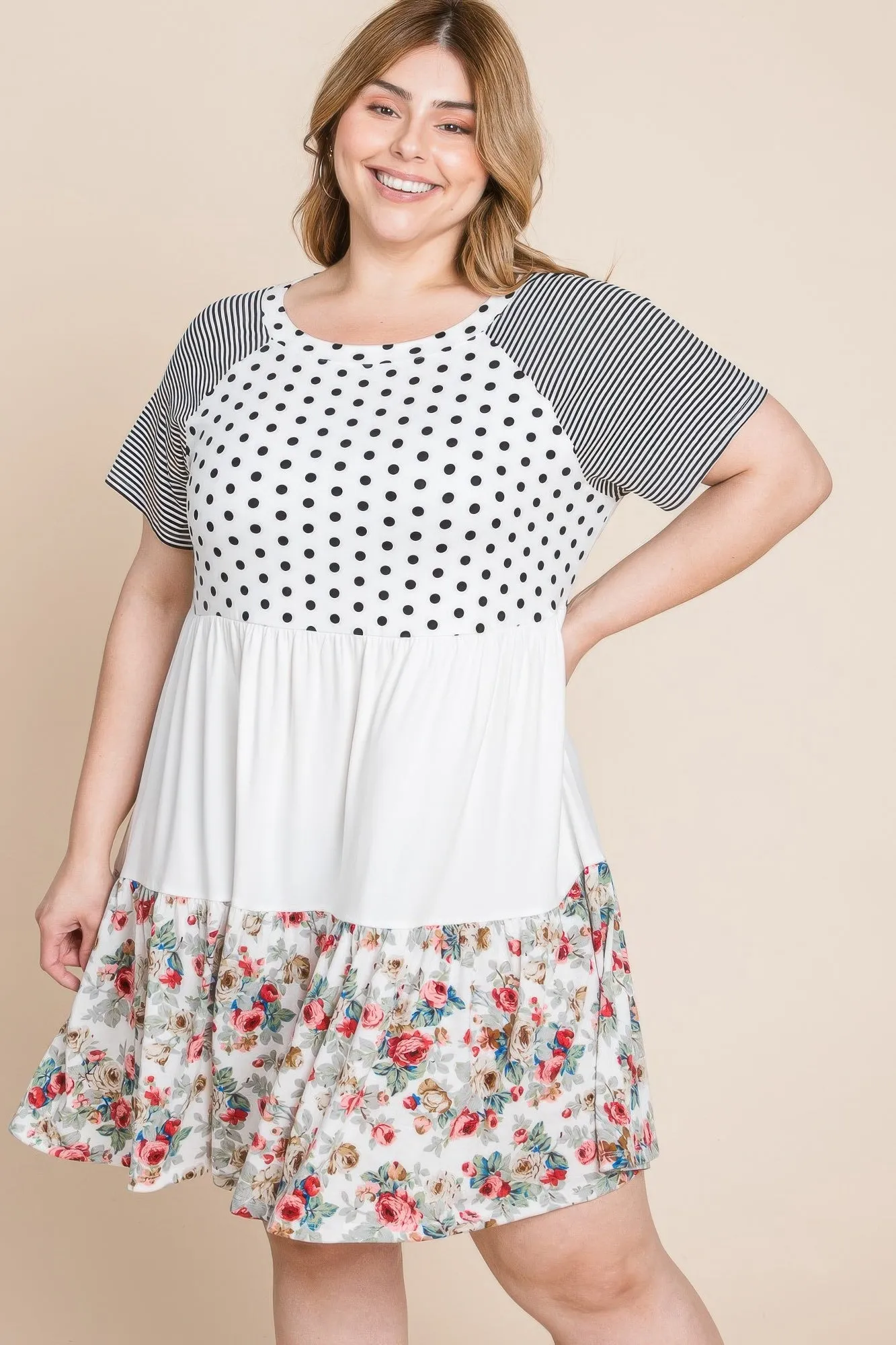 Plus Size Polka Dot Floral Striped Dress