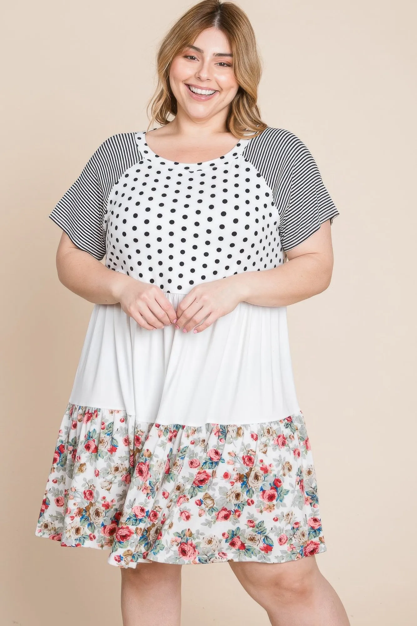 Plus Size Polka Dot Floral Striped Dress
