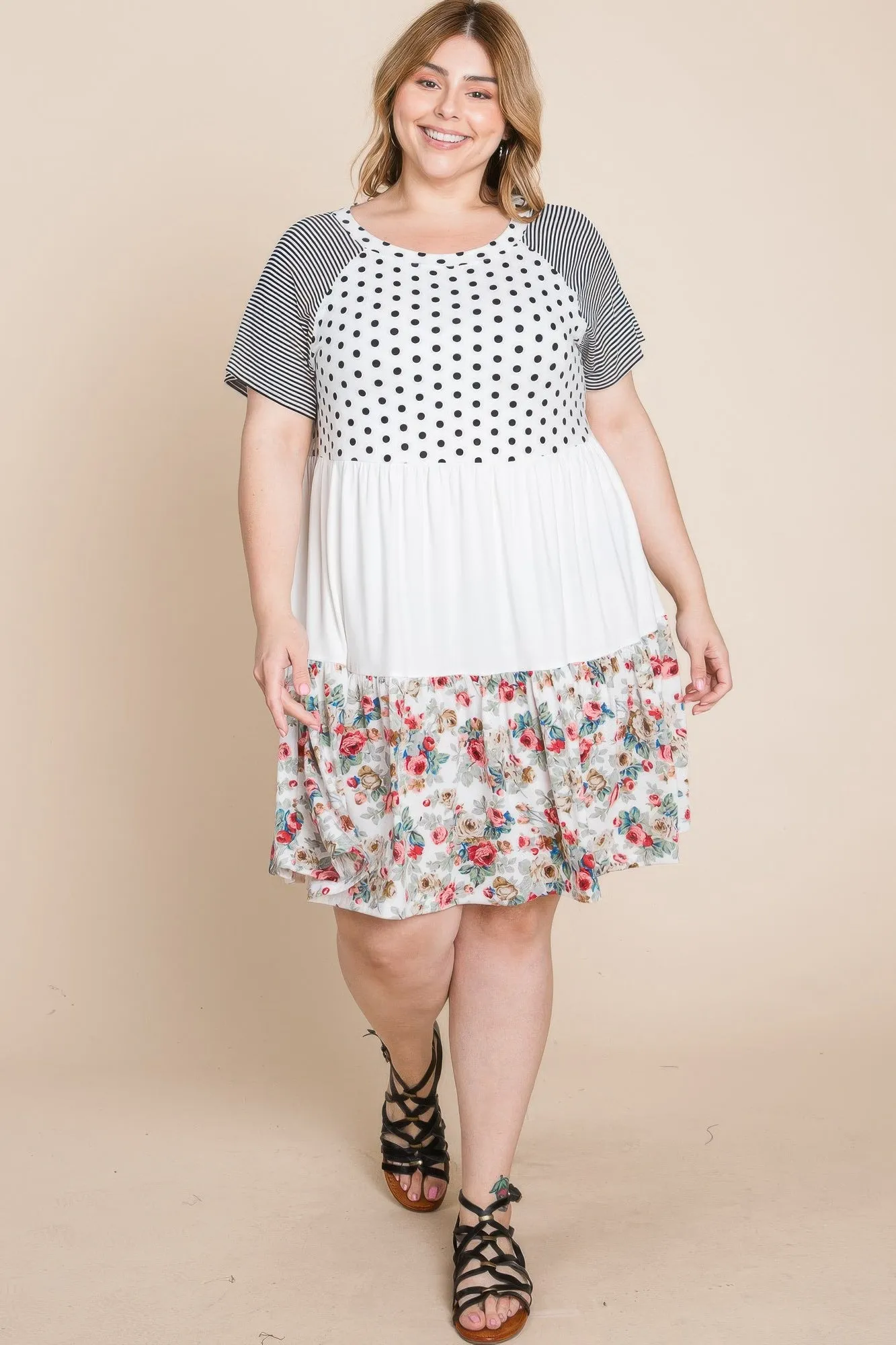 Plus Size Polka Dot Floral Striped Dress