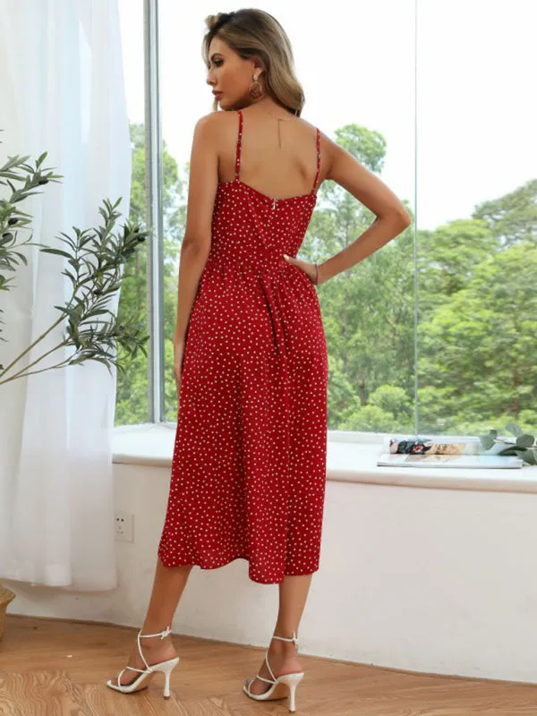 Polka Dot A-Line Dress with Lace-Up Bow and Button Front