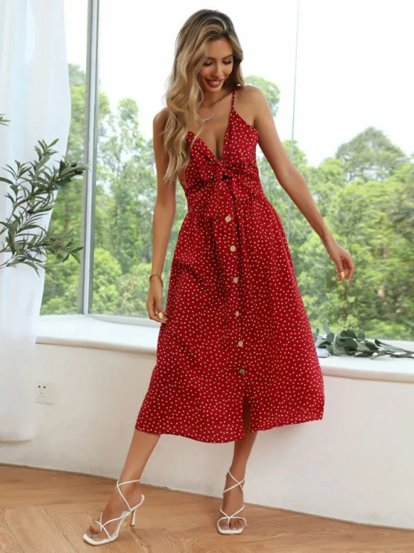 Polka Dot A-Line Dress with Lace-Up Bow and Button Front
