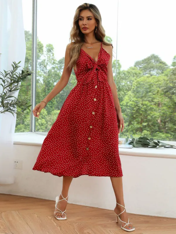 Polka Dot A-Line Dress with Lace-Up Bow and Button Front