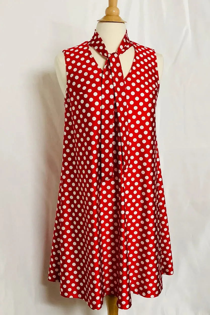Polka Dot A-Line Dress with Neck Tie (Style# 101JK) Black/White
