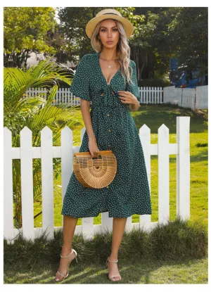 Polka Dot Deep V-Neck Dress with Bow and Button-Down Front