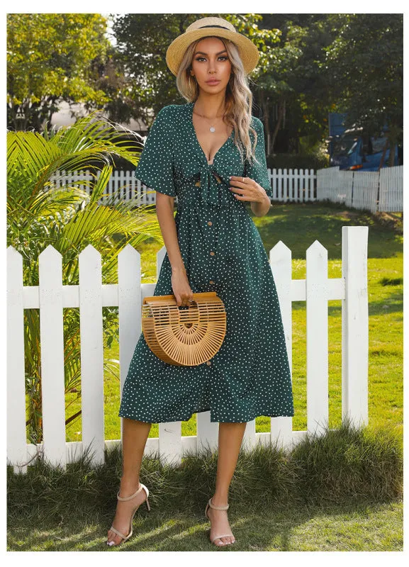 Polka Dot Deep V-Neck Dress with Bow and Button-Down Front