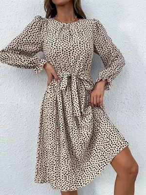 Polka Dot Knee-Length Dress with Long Sleeves and Self-Tie Waist