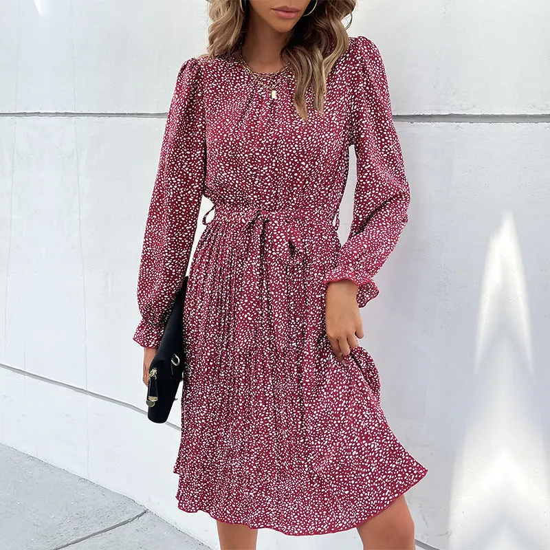 Polka Dot Knee-Length Dress with Long Sleeves and Self-Tie Waist
