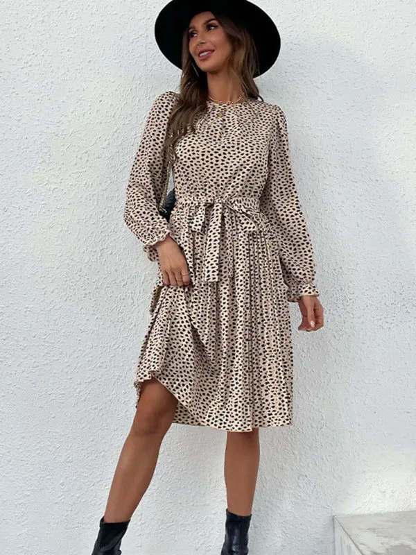 Polka Dot Knee-Length Dress with Long Sleeves and Self-Tie Waist