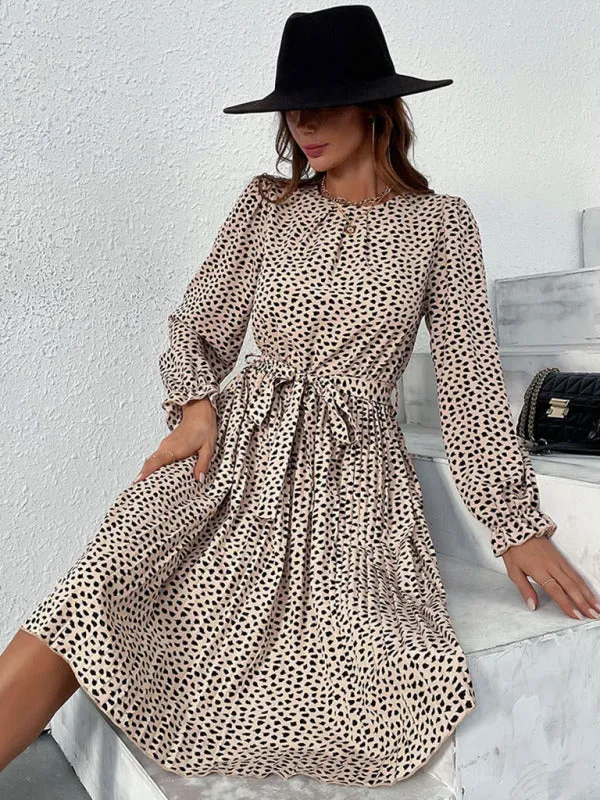 Polka Dot Knee-Length Dress with Long Sleeves and Self-Tie Waist