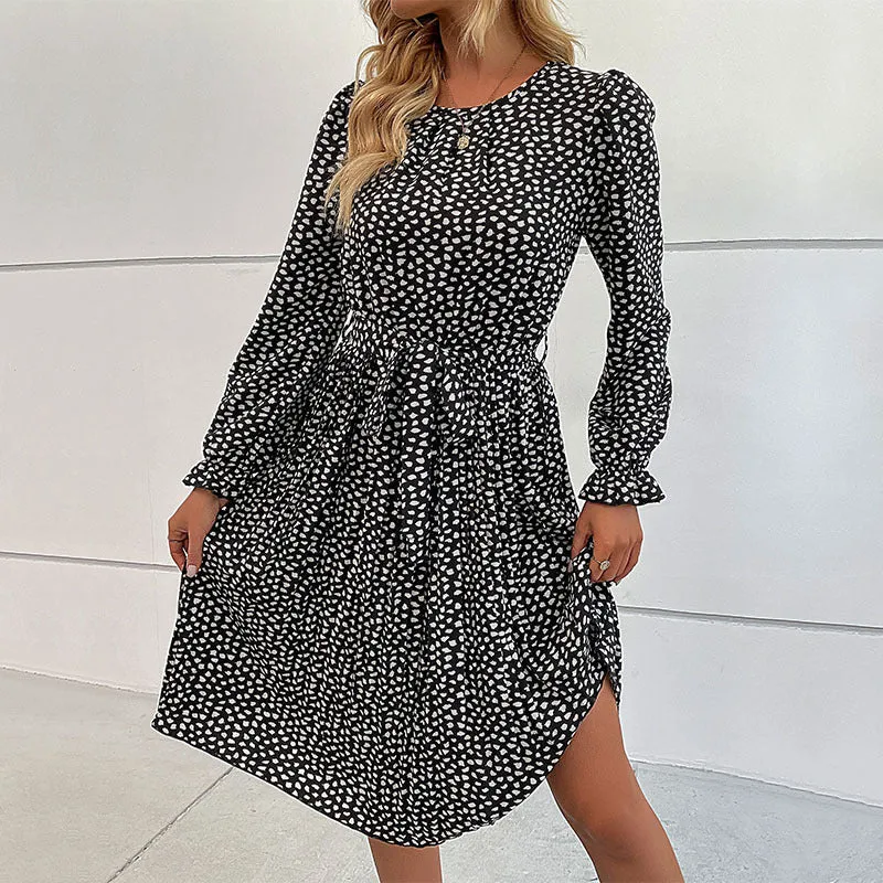Polka Dot Knee-Length Dress with Long Sleeves and Self-Tie Waist