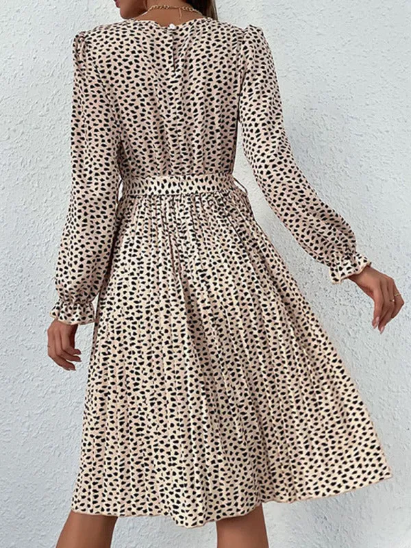 Polka Dot Knee-Length Dress with Long Sleeves and Self-Tie Waist