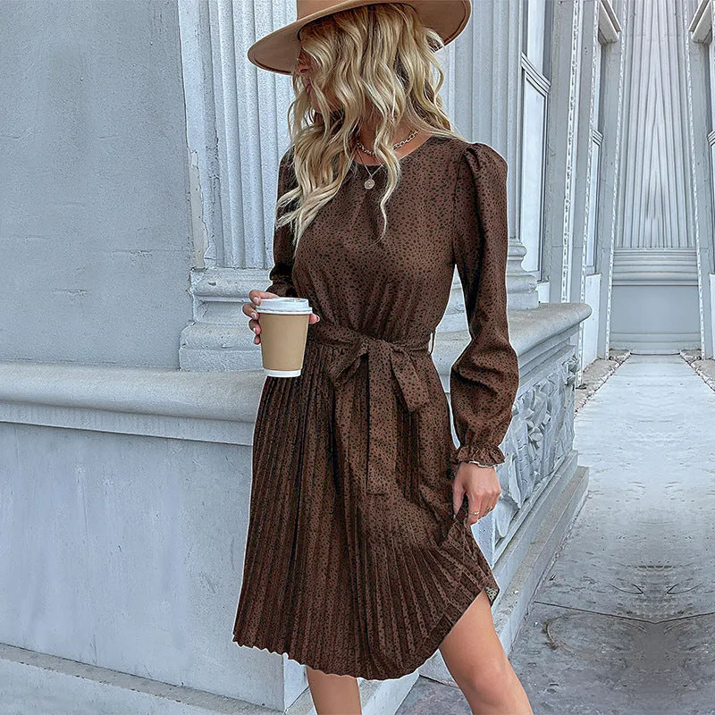 Polka Dot Knee-Length Dress with Long Sleeves and Self-Tie Waist