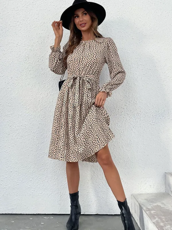 Polka Dot Knee-Length Dress with Long Sleeves and Self-Tie Waist