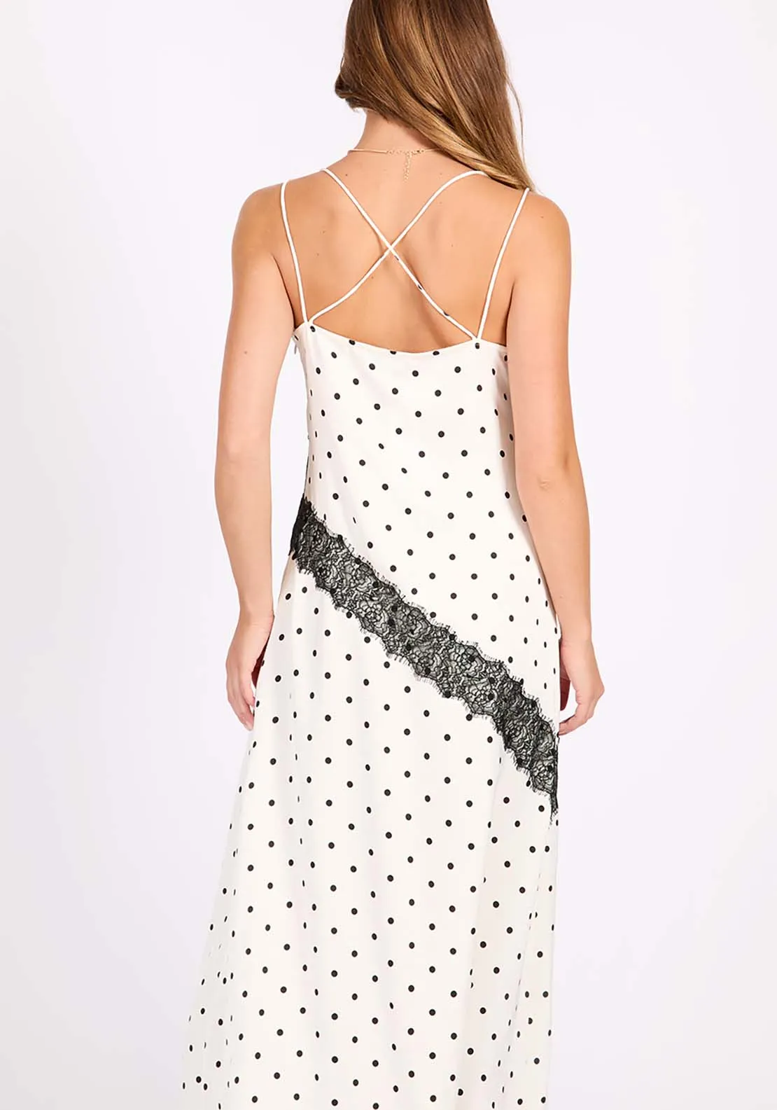 Polka Dot Lace Trim Midi Dress - Cream