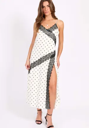 Polka Dot Lace Trim Midi Dress - Cream