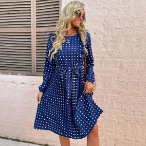 Polka Dot Long-Sleeved Dress with Pleated Skirt and Belted Waist