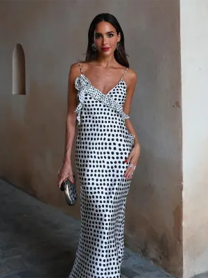 Polka Dot Maxi Dress with Floral Embellishment and Ruffle Detail