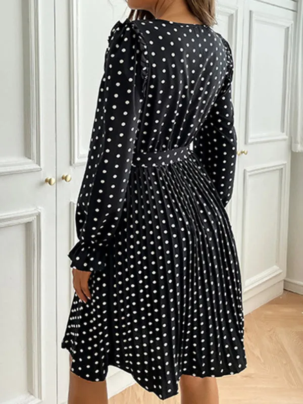 Polka Dot Midi Dress with Pleated Skirt and Keyhole Neckline