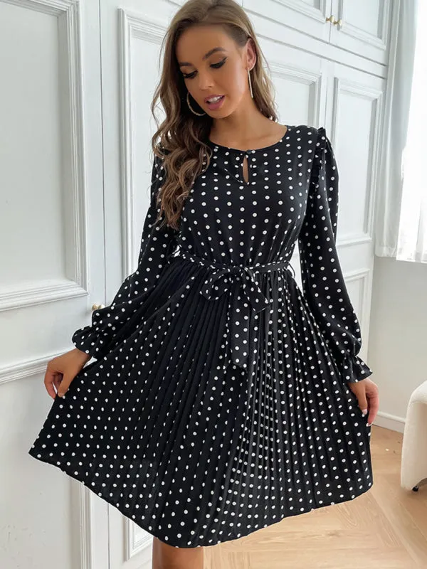 Polka Dot Midi Dress with Pleated Skirt and Keyhole Neckline