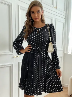 Polka Dot Midi Dress with Pleated Skirt and Keyhole Neckline