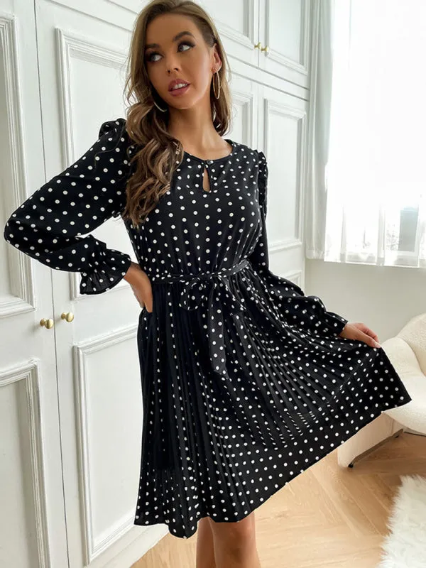 Polka Dot Midi Dress with Pleated Skirt and Keyhole Neckline