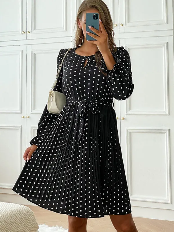 Polka Dot Midi Dress with Pleated Skirt and Keyhole Neckline