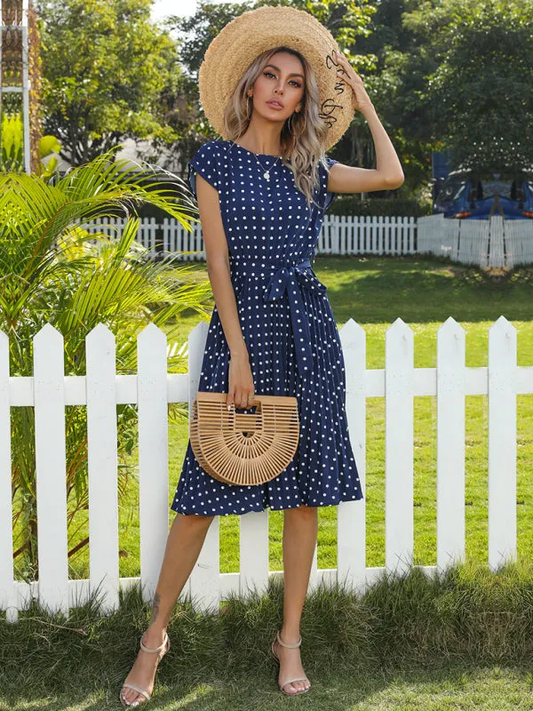 Polka Dot Midi Dress with Pleats and Waist Tie