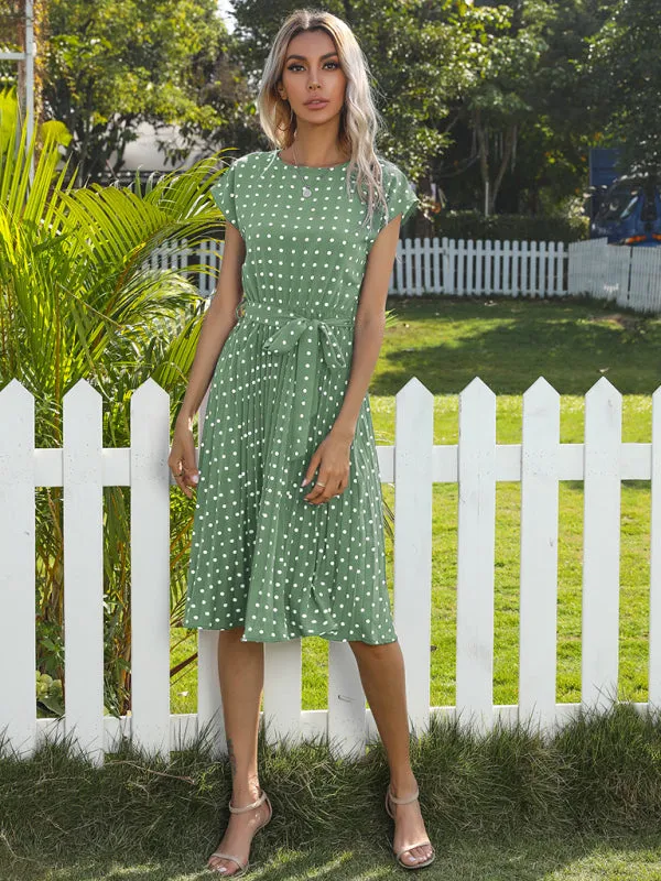 Polka Dot Midi Dress with Pleats and Waist Tie