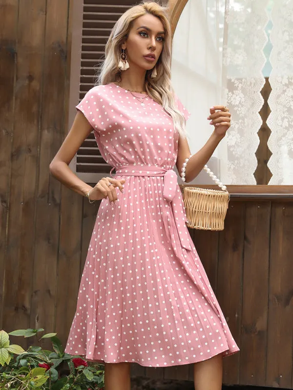Polka Dot Midi Dress with Pleats and Waist Tie