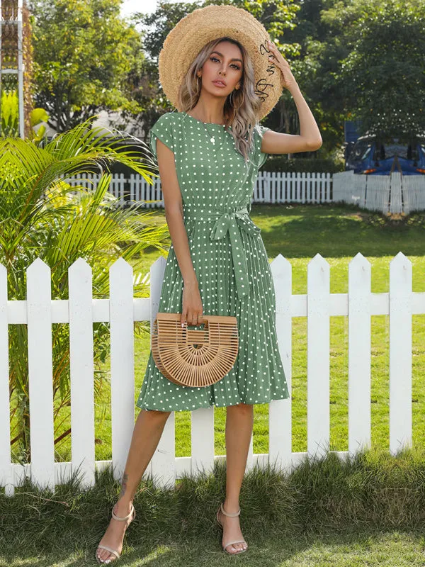 Polka Dot Midi Dress with Pleats and Waist Tie