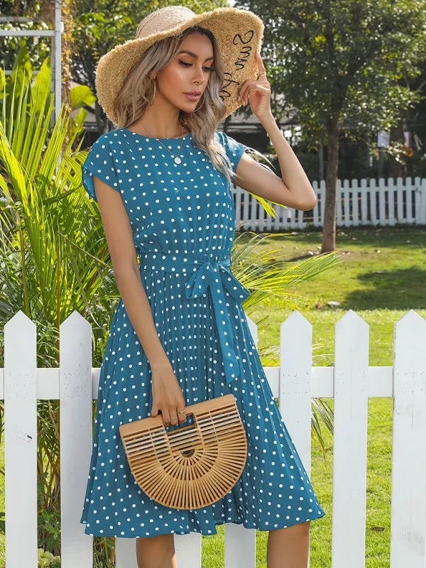 Polka Dot Midi Dress with Pleats and Waist Tie